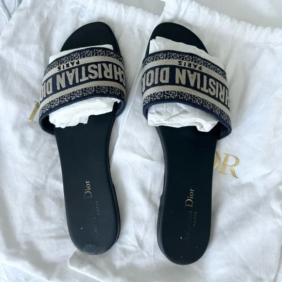 Dior DWAY Slide Deep Blue Embroidered Cotton Sz 40 - Picture 2 of 7